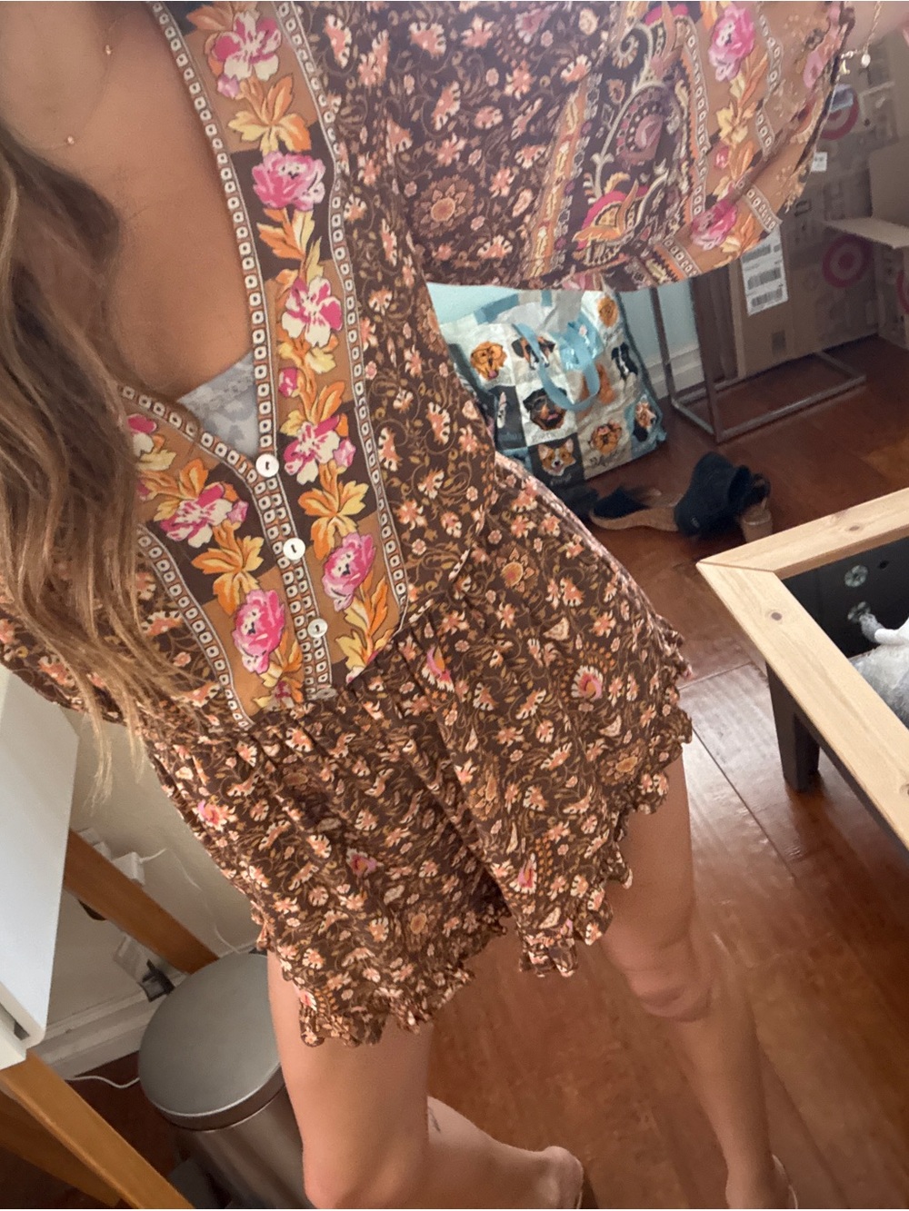 Spell Brown Floral Long Sleeve V-Neck Romper with Tassel Tie - Picture 9 of 9